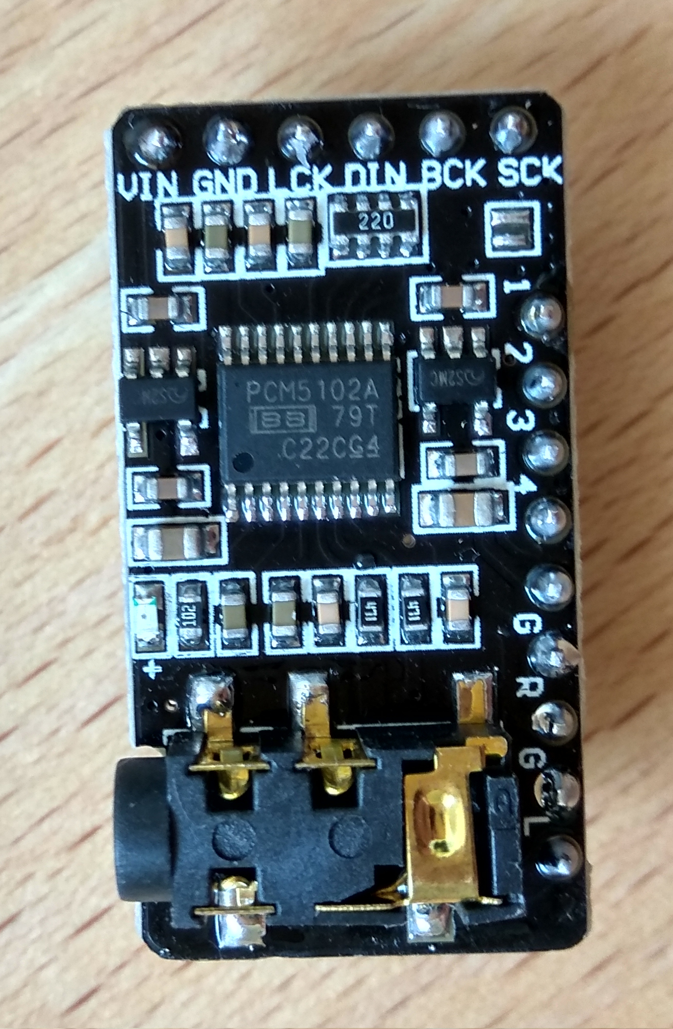 Closeup of a PCM5102A breakout module.